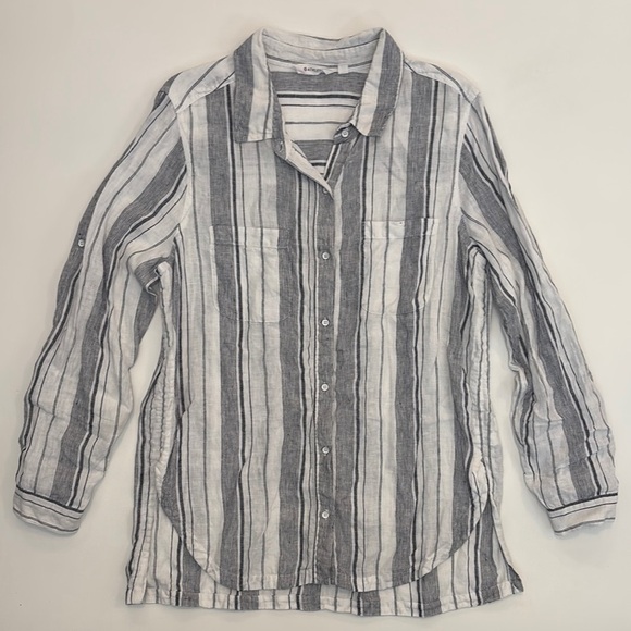 Athleta Linen Women’s Button Down Shirt Sz Large Classic Stripes Summer Nautical - Picture 2 of 9